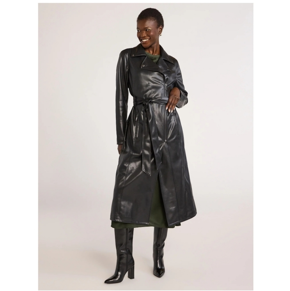 SCOOP | Black Motto Faux Leather Trench Coat